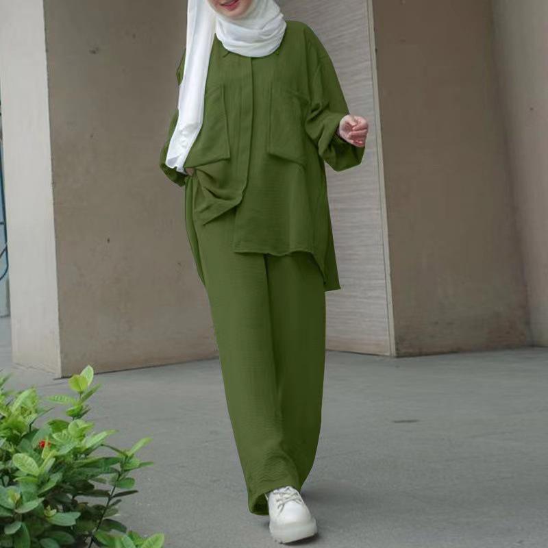2024 Middle East Muslim Long Sleeve Shirt & Elastic Waist Pants Set with Patch Pocket & Hidden Placket, Yarn-Dyed