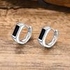Geometric Black Stone Earrings for Men Boys,Silver Color Metal Hoop Earrings,Stylish Gift for Husband Dad Boyfriend