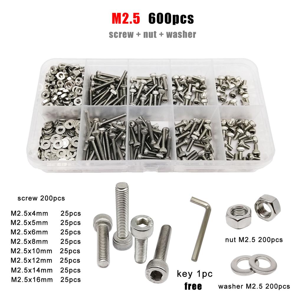 1 Box M1.6 M2 M2.5 M3 M4 M5 M6 M8 DIN912 304 A2 Stainless Steel Hex Hexagon Socket Allen Cap Head Screw Bolt Nut Assortment Kit