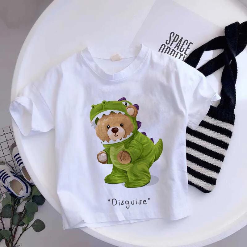 Girls Fashionable Pure Cotton TShirt with Teddy Bear Cartoon Pattern Summer Clothing Fun Childrens Wear Y2K Style