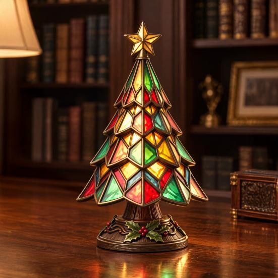 Exquisite Resin Craft Ornaments Christmas Tree Table Lamp, Stained Glass Effect LED Night Light, Colorful Desktop Holiday Decorations Bedside