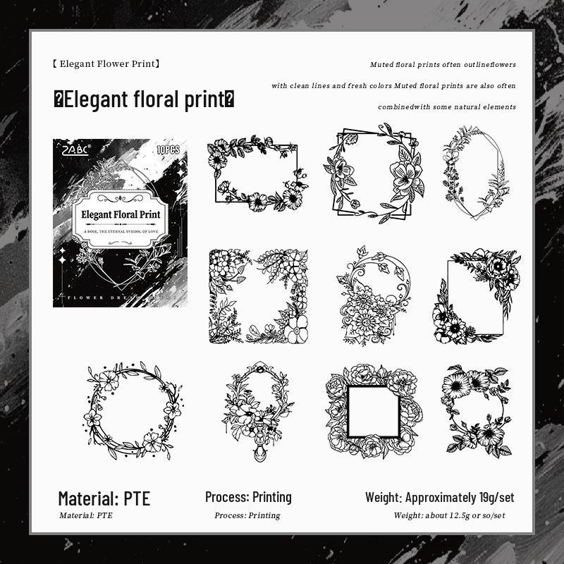 ZABC Pet Sticker Pack: Flower Language Dream Series - 10 Sheets, 6 Black Lace Floral Edge Styles