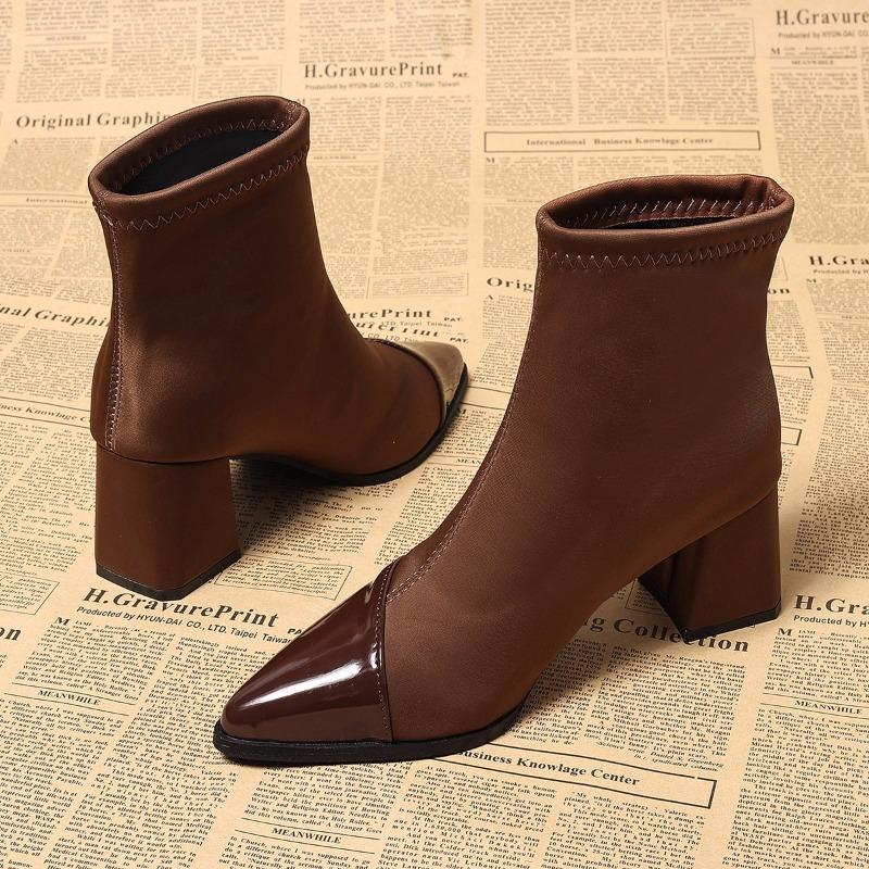 Fashion Pointed Toe Booties Women 2025 New Fall Winter Single Boots French Splice Fashion Plus Size Short Thigh High Heel Boots