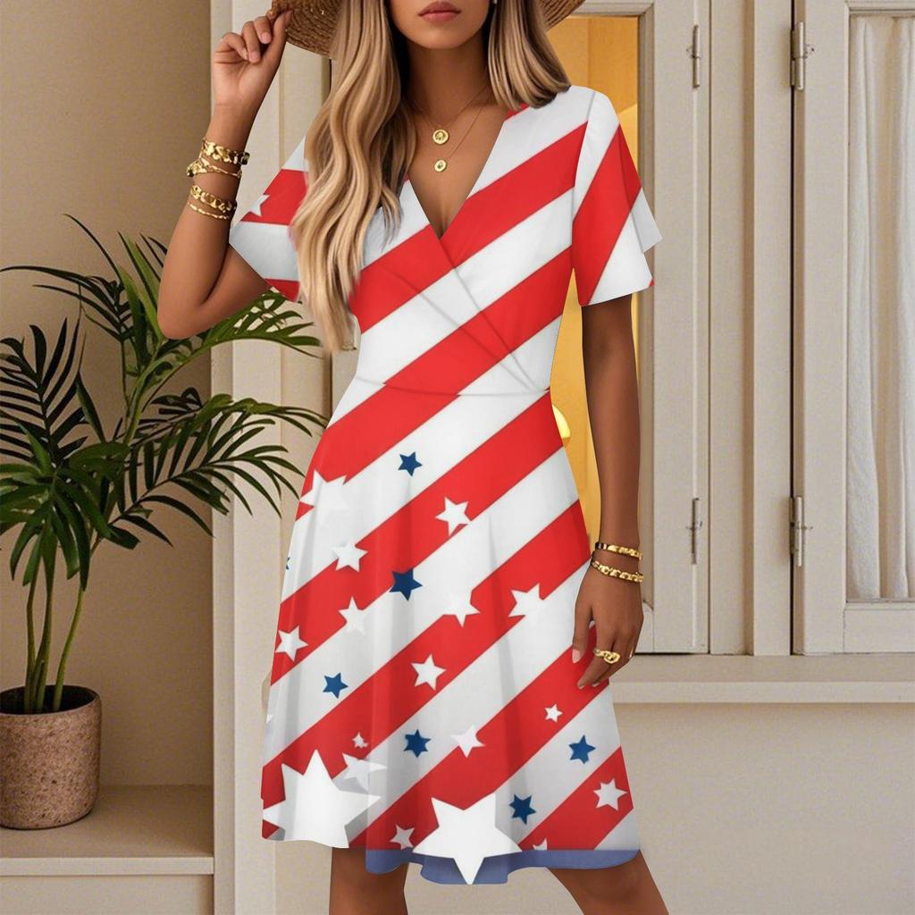Women's Summer Fashion Independence Day Printed Dress Casual Beach A-line V-neck Loose Sundress
