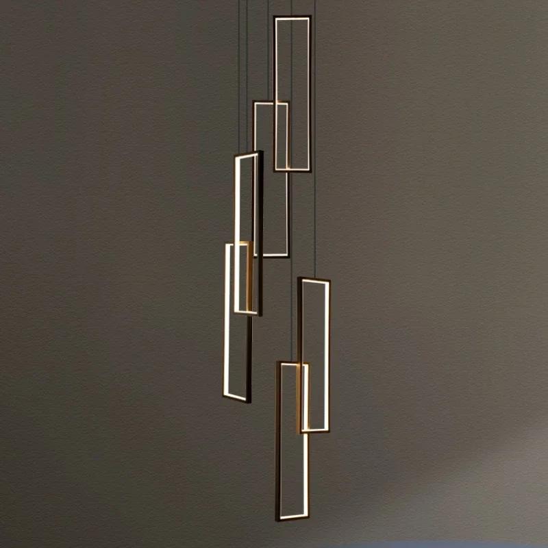 Modern Minimalist Staircase Chandelier Geometric Rectangular LED Chandelier Nordic Luxury Duplex Attic Lighting Home Appliance
