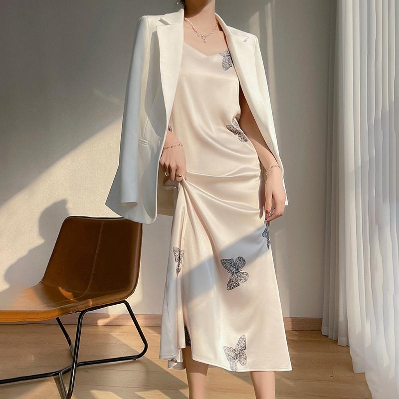 

Летнее новое стильное женское платье из смешанного шелка тутового шелкопряда с тонкой талией, средней и длинной длины, для поездок на работу, модное дышащее повседневное платье L кремовый