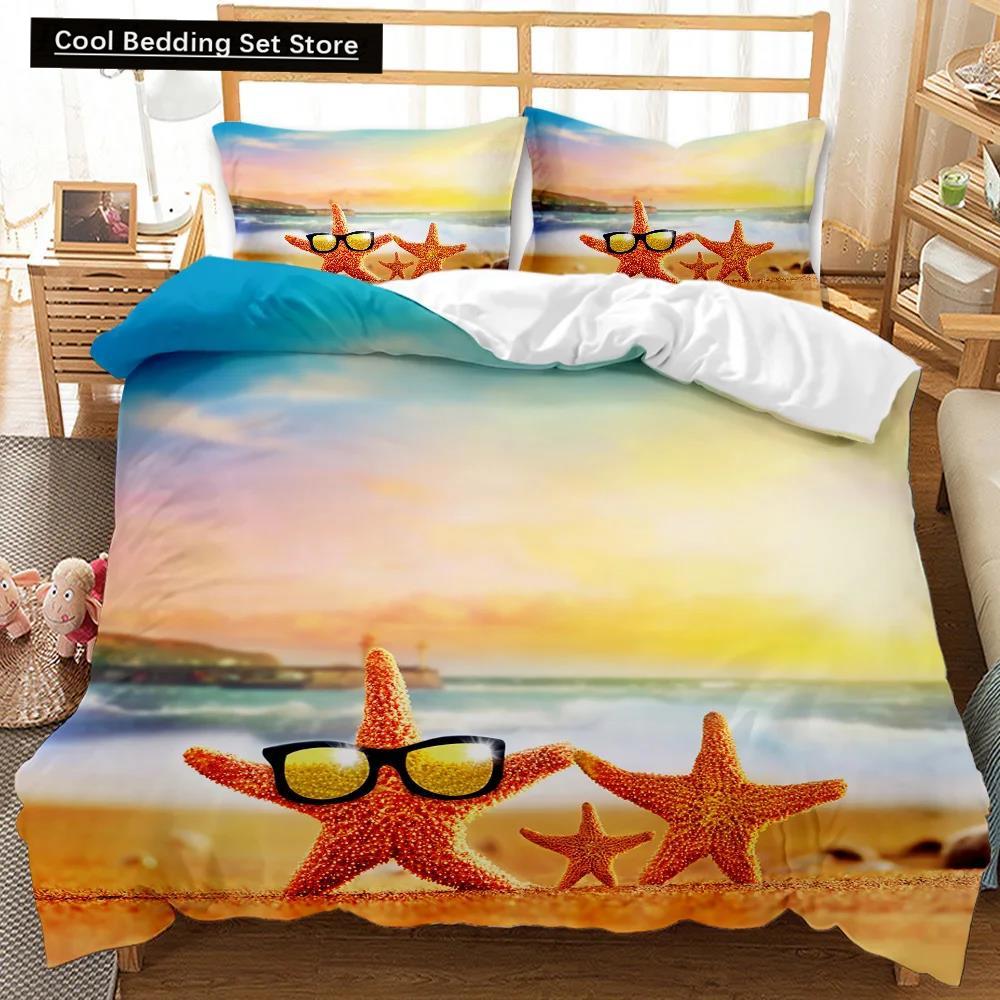 Beach Duvet Cover Set Summer Ocean Bedding Set Hawaiian Marine Sea Waves 3D Print Starfish Polyester Comforter Cover Queen King