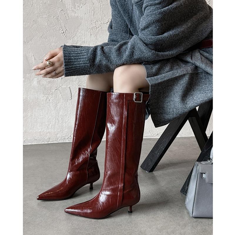Fashion 2025 Autumn Women Boots Split Leather Women Shoes Pointed Toe Chunky Heel Slip-on Knee High Boots Western Modern Ladies boots