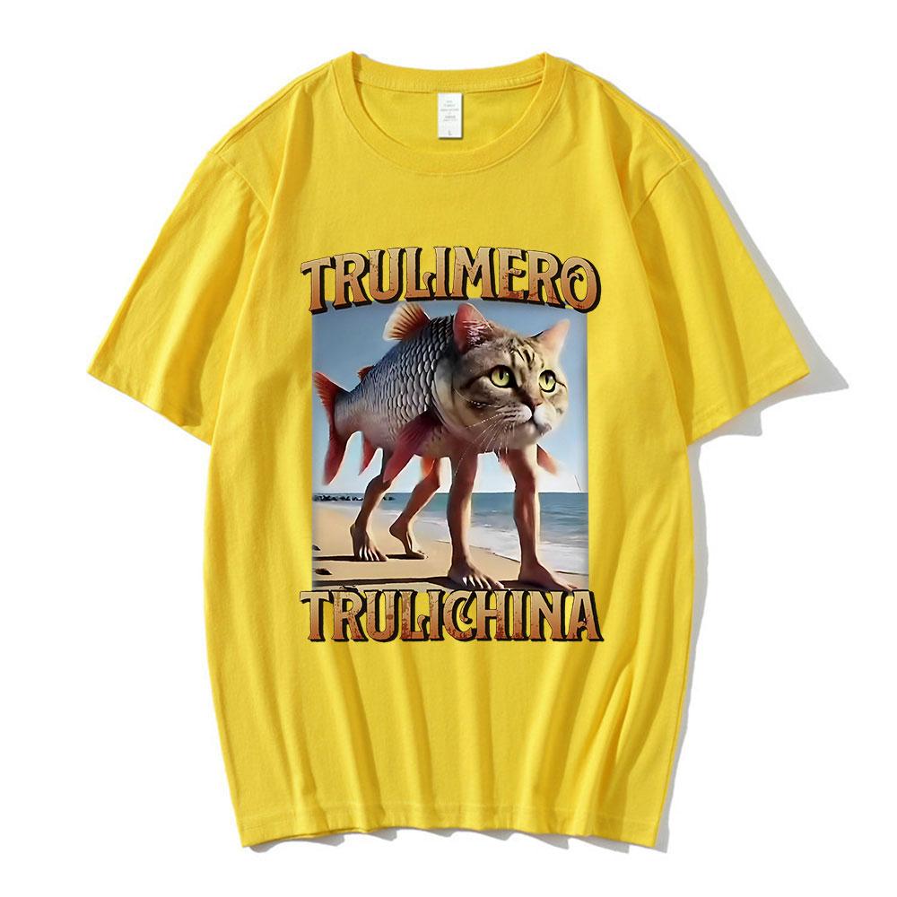 Trulimero Trulichina T-Shirt Lustige Katze Fisch Meme Italienisches Brainrot T-Shirt Männer Frauen Mode Vintage T-Shirts Lässiges Humor T-Shirt