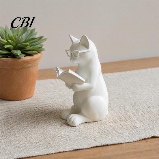Office Desk Accessory 3D Printed Reading Cat Figurine, Decorative Ornament with Weighted Anti-Slip Base, Study Room Decor Intellectual Statue