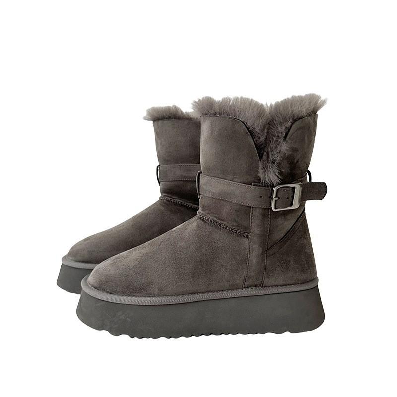 Cowhide~ 2025 winter wool integrated gray snow boots women's thick-soled heightened velvet thickened long-tube snow cotton shoes