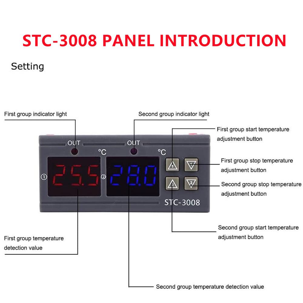 Controlador de Temperatura Digital Duplo STC-3008 Termostato com Saída de Dois Relés Aquecedor com Sonda 12V 24V 220V Geladeira Doméstica Frio Calor