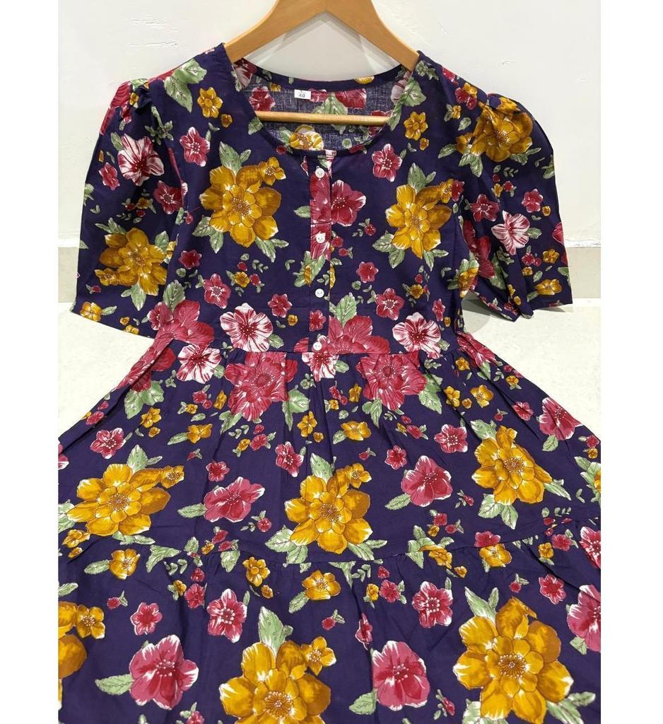 Women Designer Printed Cotton Midi Gown Kurta Party Wear Top Tunic Kurti Dress