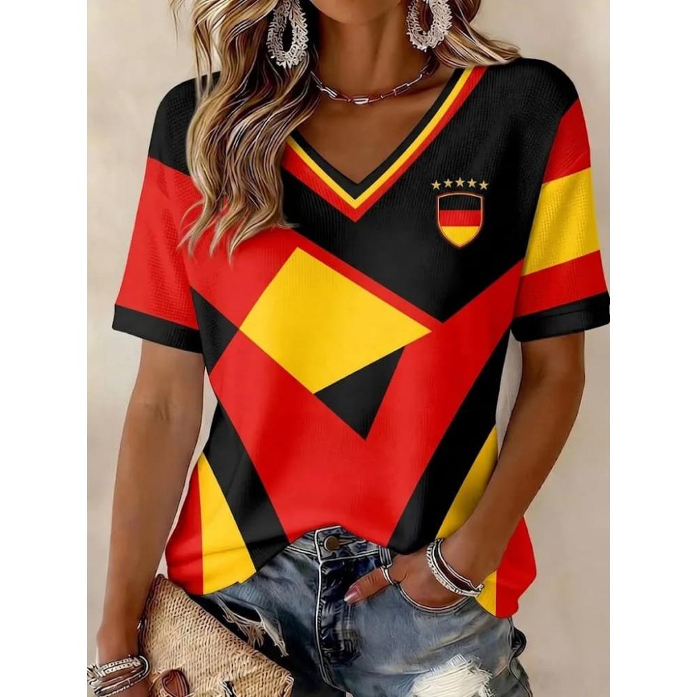 2026 Niemcy Piłka Nożna T-shirt z Dekoltem V Czarny Czerwony Żółty Niemiecka Flaga Rękaw Casualowy Sportowy Krótki Rękaw Koszulki Dopasowanie Rodzinne