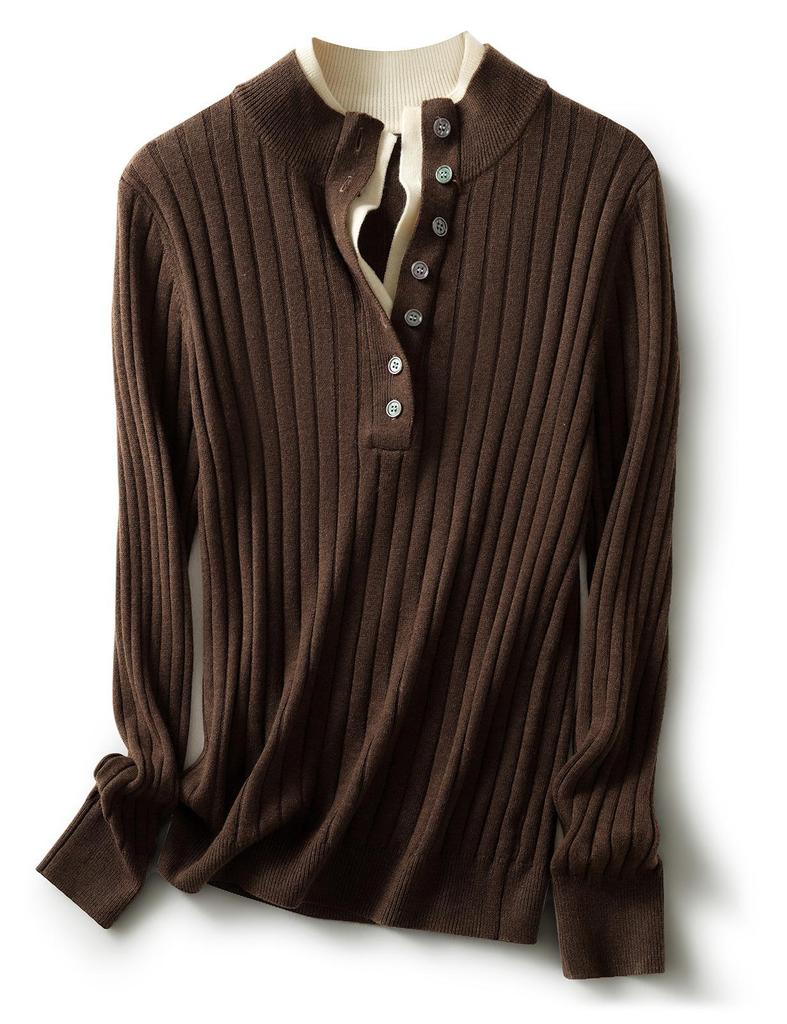 Women's Ribbed Knit Double-Layer Pullover Sweater with Stand Collar - Long Sleeve, Color Block Design for Autumn/Winter