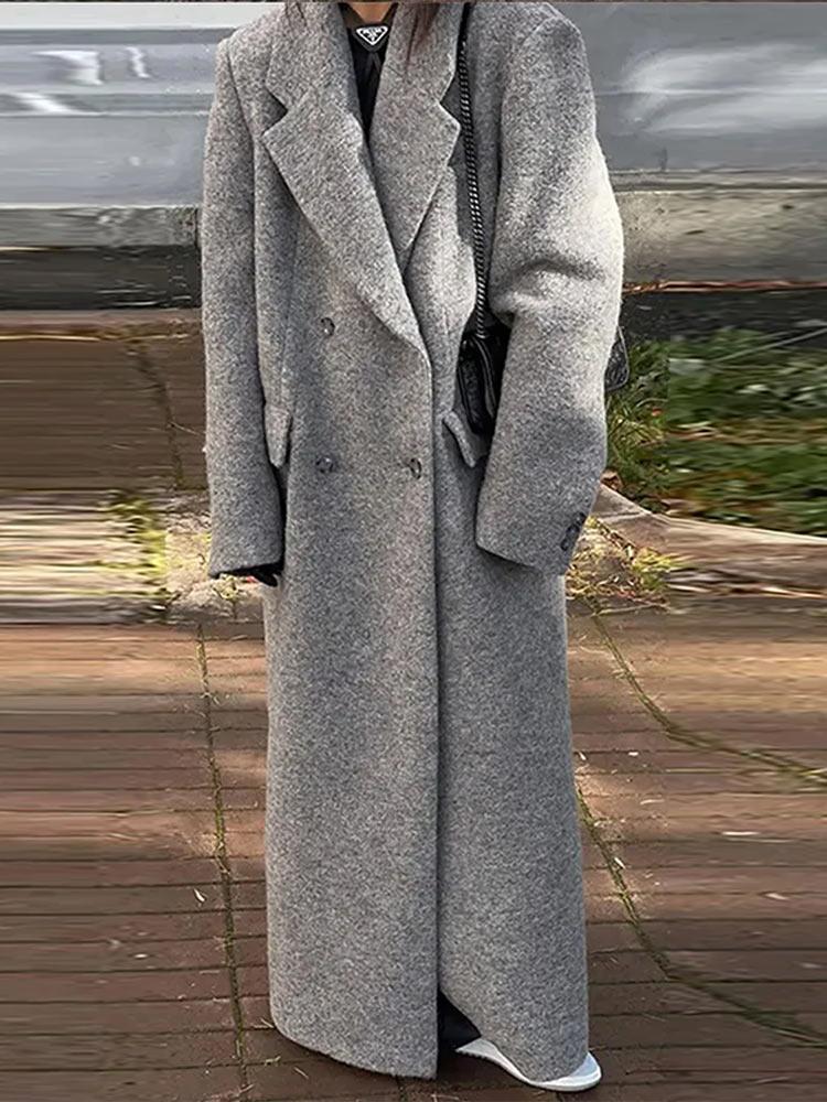 Palton Lung din Lână Artificială pentru Femei Palton cu Gât în V și Dublu Piept pentru Femei Palton Lung Gri pentru Femei, Rezistent la Vânt și Călduros Stil Clasic Minimalist