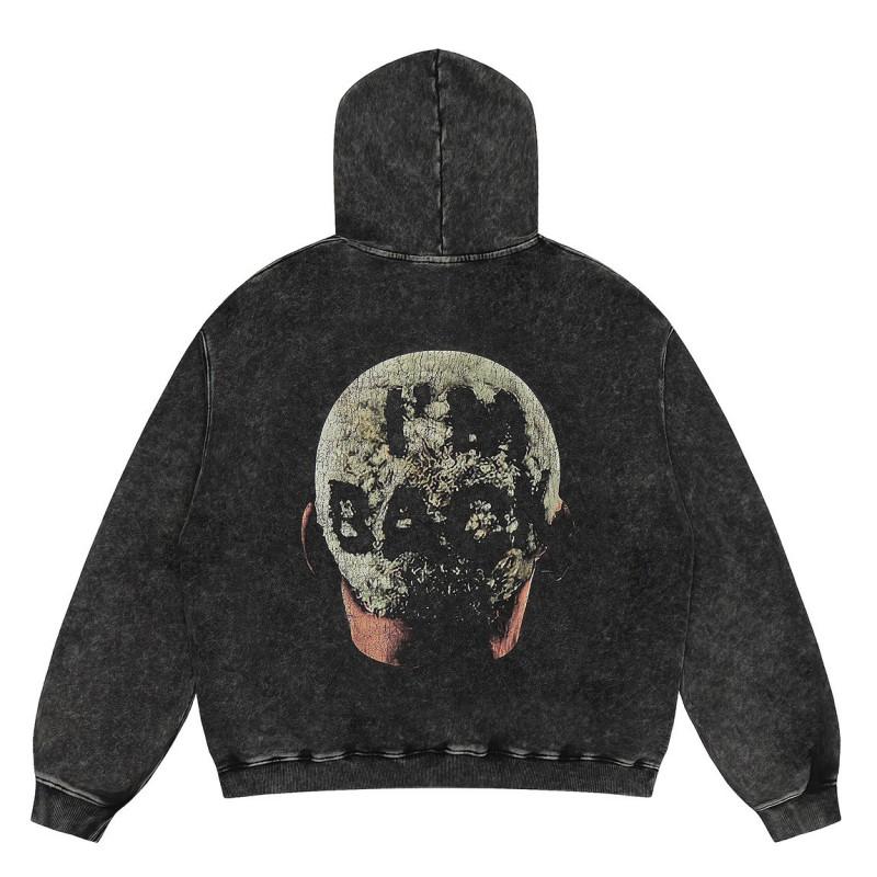 Mens Vintage Washed Hoodie With Distressed Graphic Print Loose Fit Cotton Pullover Fall Casual Wear
