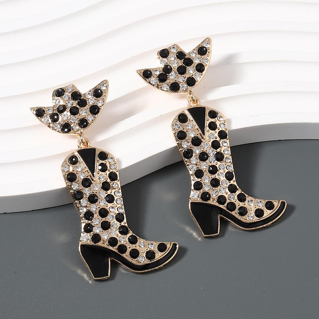 European and American Fashion New Western Denim Wind Alloy Inlaid with Colored Diamond Earrings, Boots Dripping Oil Creative Design Earrings