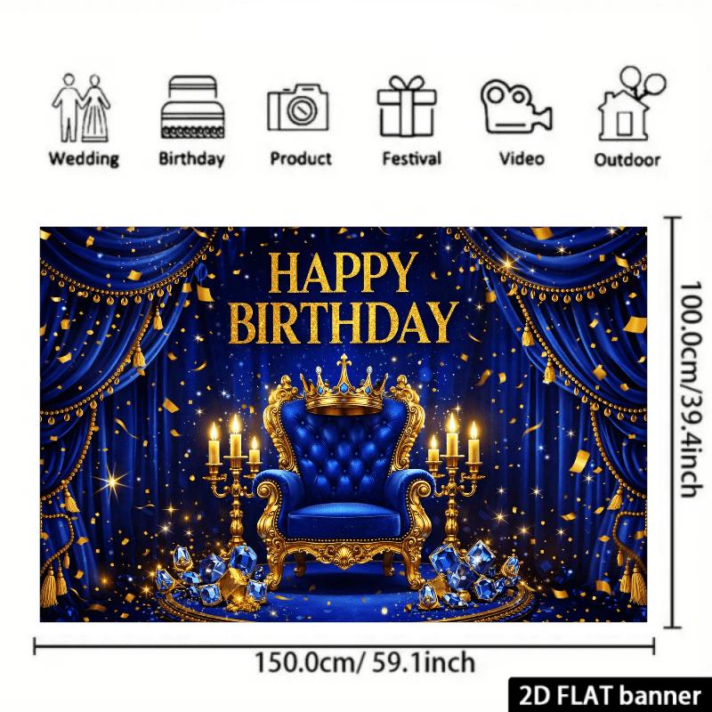 2D planar royal style birthday party banner background navy blue backdrop with the theme of "Happy Birthday"zyc