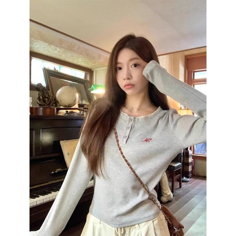 Women Embroidered Design Half Open Collar Long Sleeve Casual Layering T Shirt