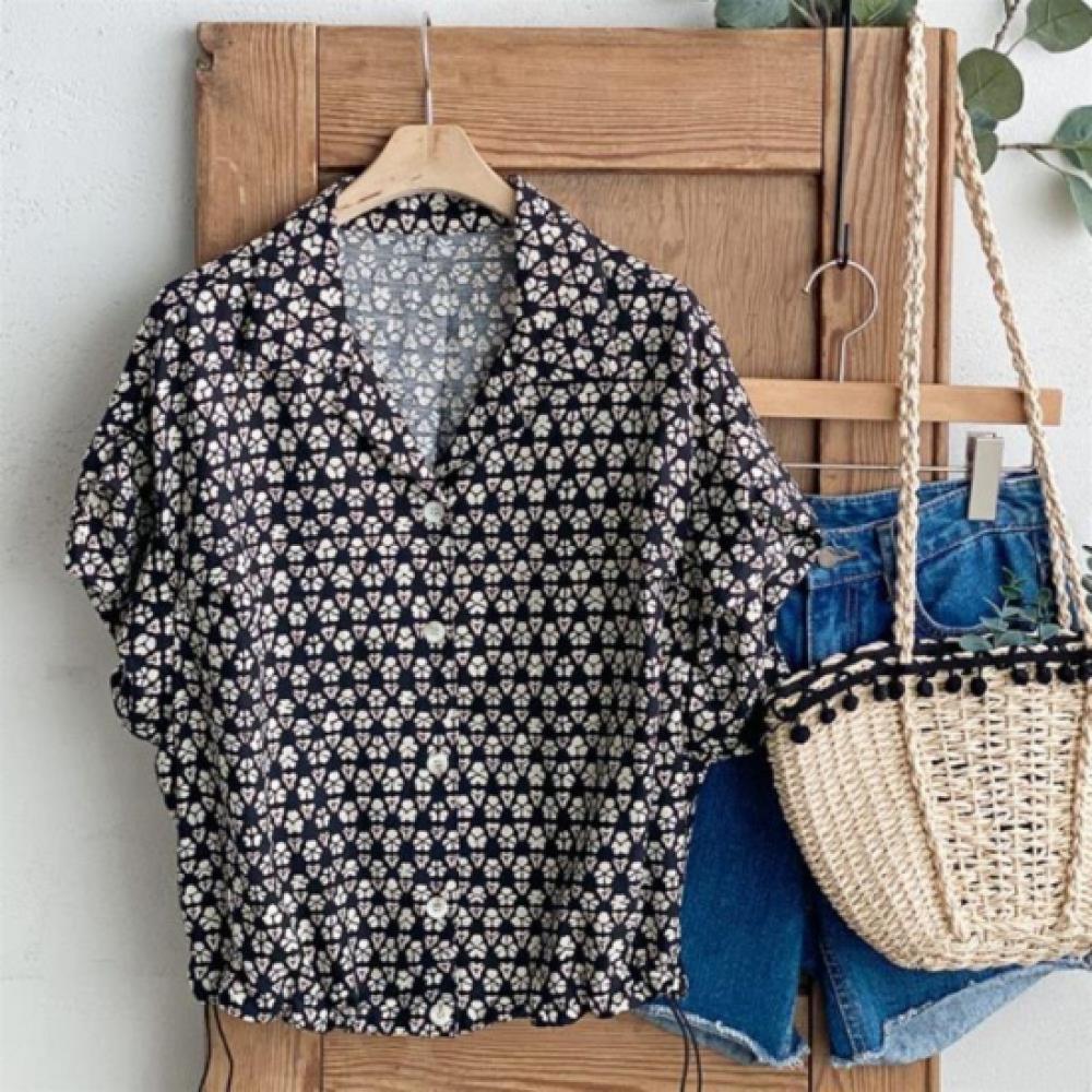 New Arrivals Open Run Women Loose Fit Floral String Hem Short Sleeve Shirt