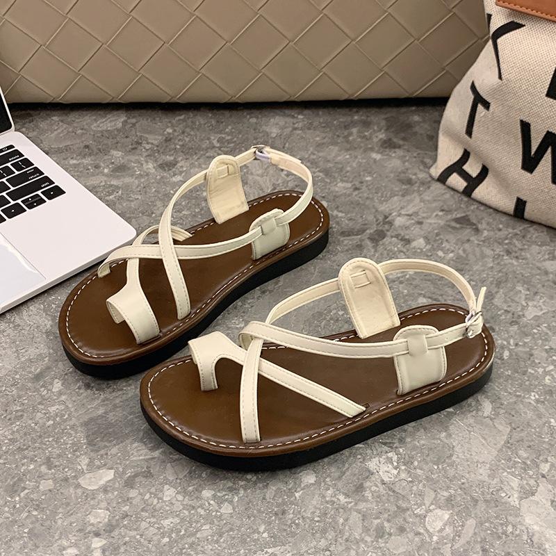Temperament with Skirt Flat Toe Sandals Women's 2025 New Summer Soft Sole Silver Cross with Roman Beach Sandals