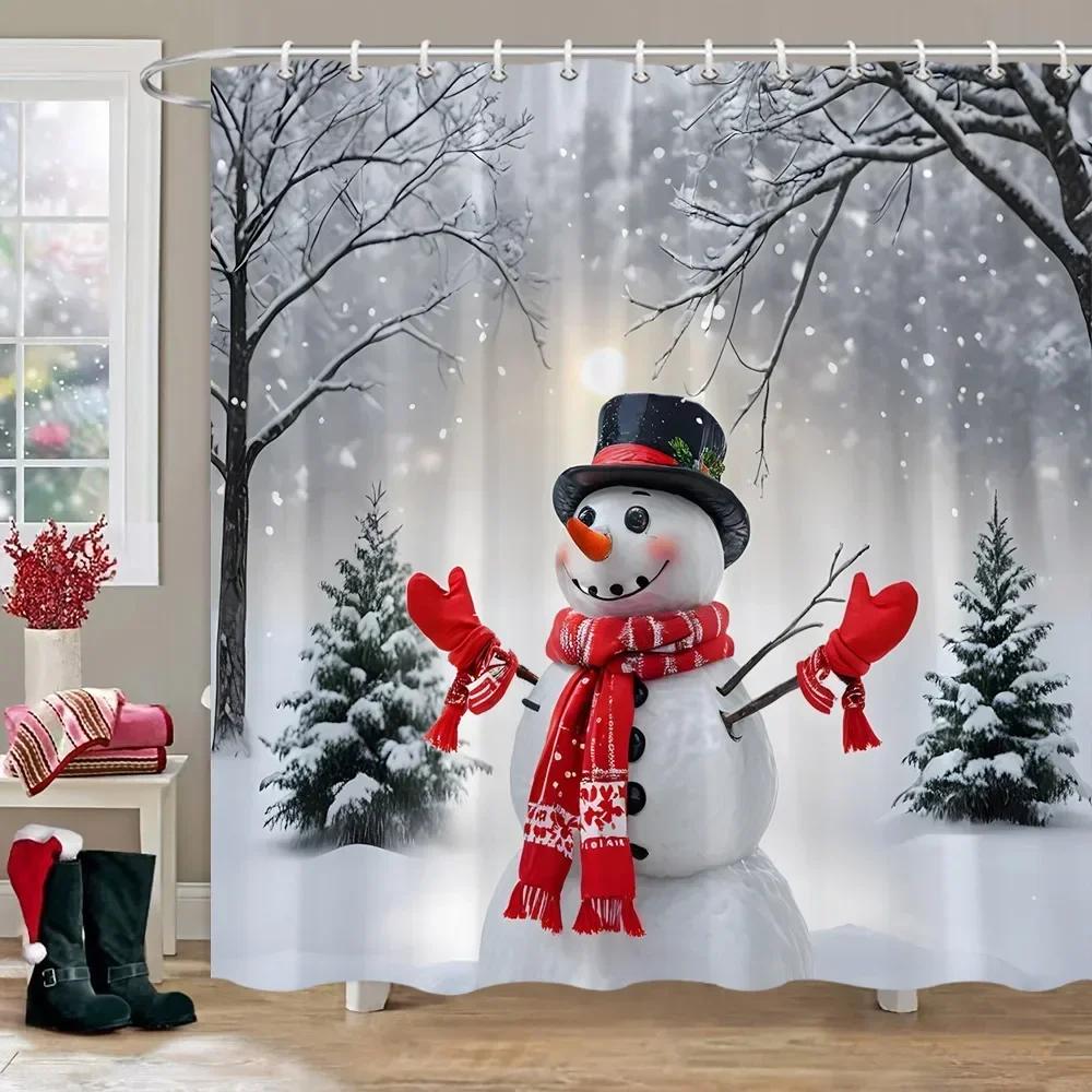 Christmas Snowman Shower Curtain Christmas Tree Winter Snow Christmas Gift Polyester Shower Curtains Bathroom Decor with Hooks