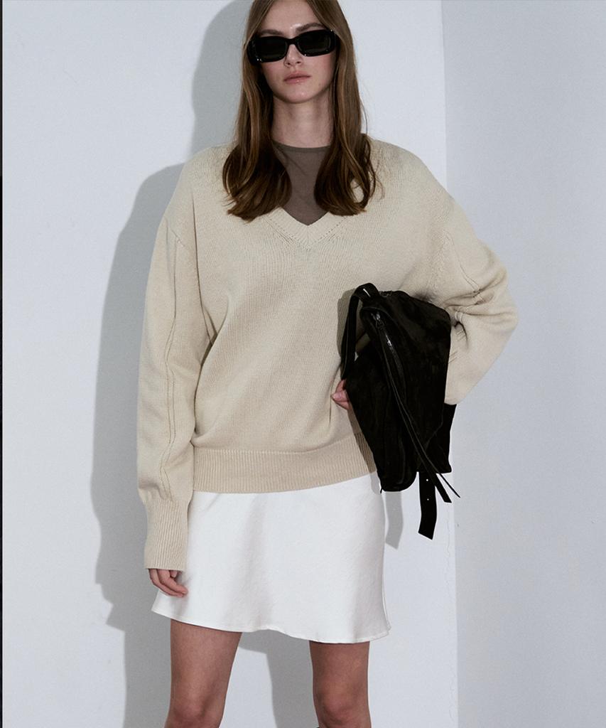 SIGREAT V-Neck Cotton Knit Pullover_Oatmeal