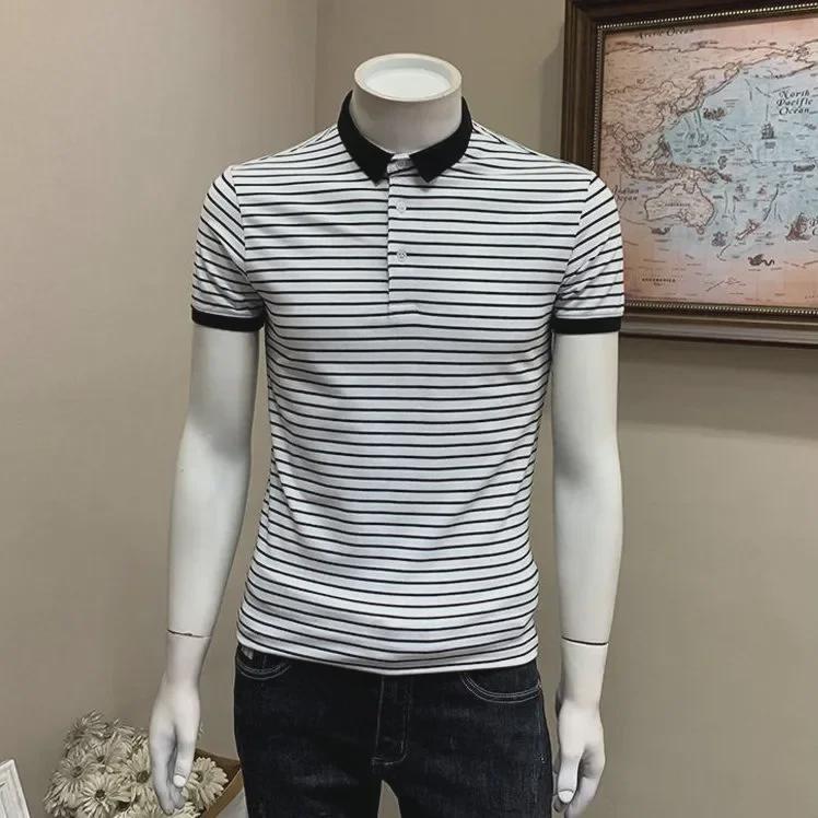 Pánské polo tričko se slim fit pruhy - Letní business casual korejský styl