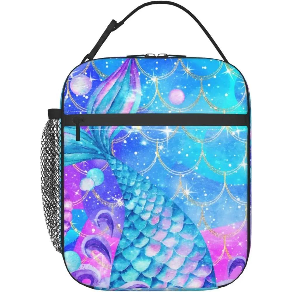 

Сумка для ланча с акварельным фиолетовым хвостом русалки, легкая многоразовая изолированная переносная сумка для ланча с блестками в виде русалки для девочек и женщин 26x21x11CM зелёный