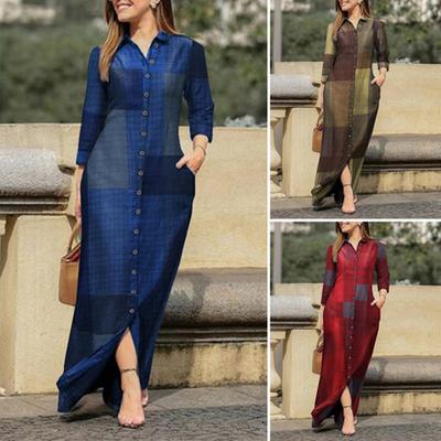 Frauen Mode Lässig Plaid Print Revers Einreiher Panel Gerade Lange Ärmel Lose Baumwolle Hemd Lange-kleid