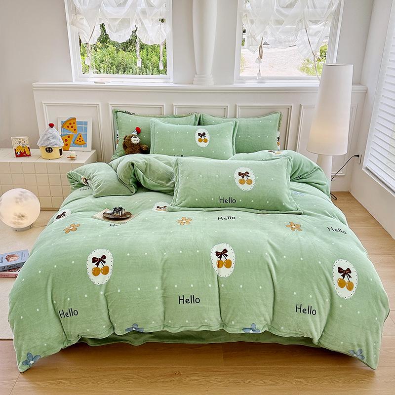 Thickened Milk Fleece Printing Four-Piece Polka Dot Student Bed Sheet Quilt Cover Bed Three-Piece Dormitory