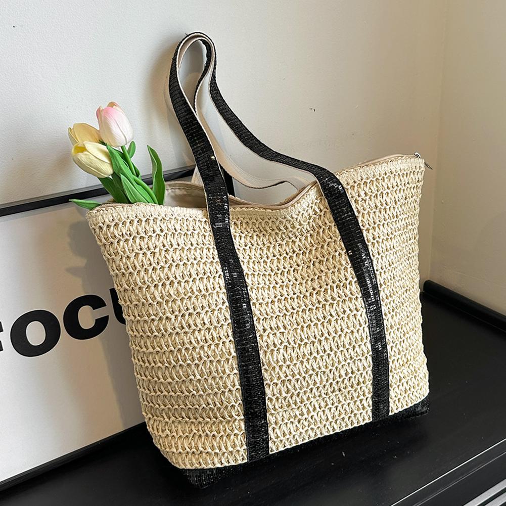 

Женская соломенная сумка-тоут большой вместимости с пайетками, простая наплечная сумка контрастного цвета, минималистичная сумка-тоут, женская летняя повседневная сумка чёрный
