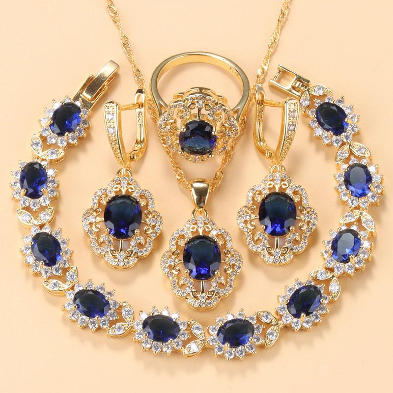 Morrocan Jewelry Sets  Gold Plated 12-Colors Zirconia Earring Necklace And Bracelet Ring For Women Fashion Accessories