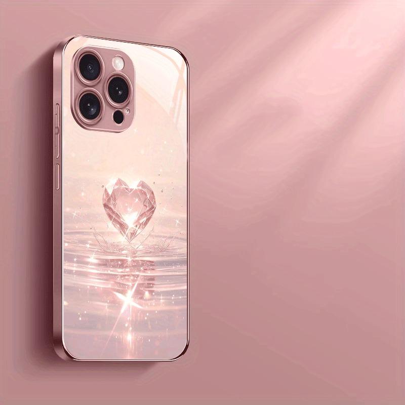 Pink Diamond Ripple Pattern Pink Metallic Paint Glass Phone Case For iPhone 11 12 13 14 15 16 17 Pro Max Plus 16E 17Air Cover