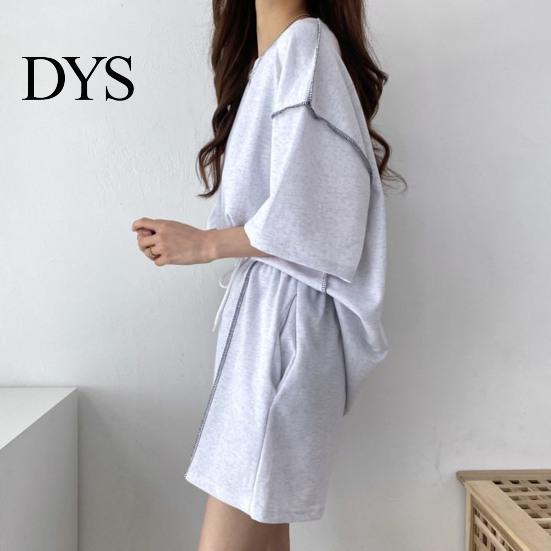 Lady Homewear Clothes 2 Pcs/Set Women Summer Tracksuit Round Neck Half Sleeves Loose Top Drawstring Shorts Set High Elastic Waist Solid Color