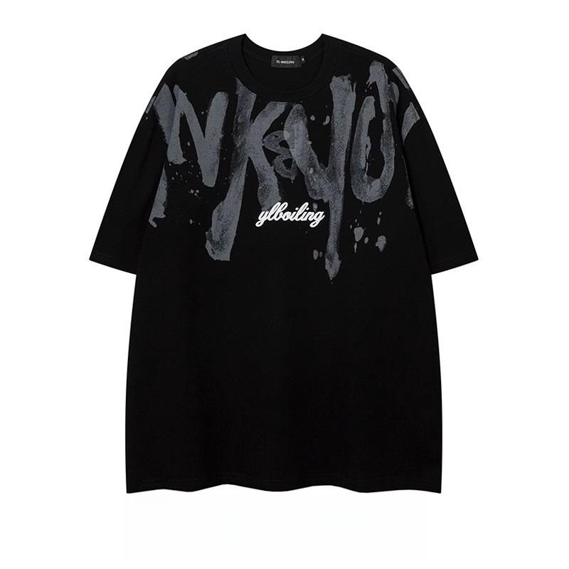 American Heavyweight Cotton Men's Short-sleeve T-shirt, Plus Size, Summer Hip-hop Style, Eye-catching Streetwise Look with Large Letters