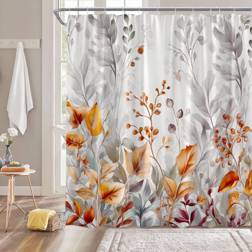

Watercolor Leaf Shower Curtain Gray Orange Rustic Abstract Leaves Flower Berry Botanical Plant Fabric Bathroom Decor Fabric W60H190(CM)-1 Pcs