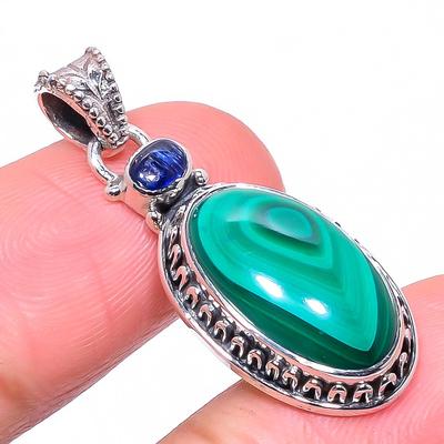 Natural Malachite, Kyanite Gemstone 925 Solid Sterling Silver Pendant 1.42" t1K49