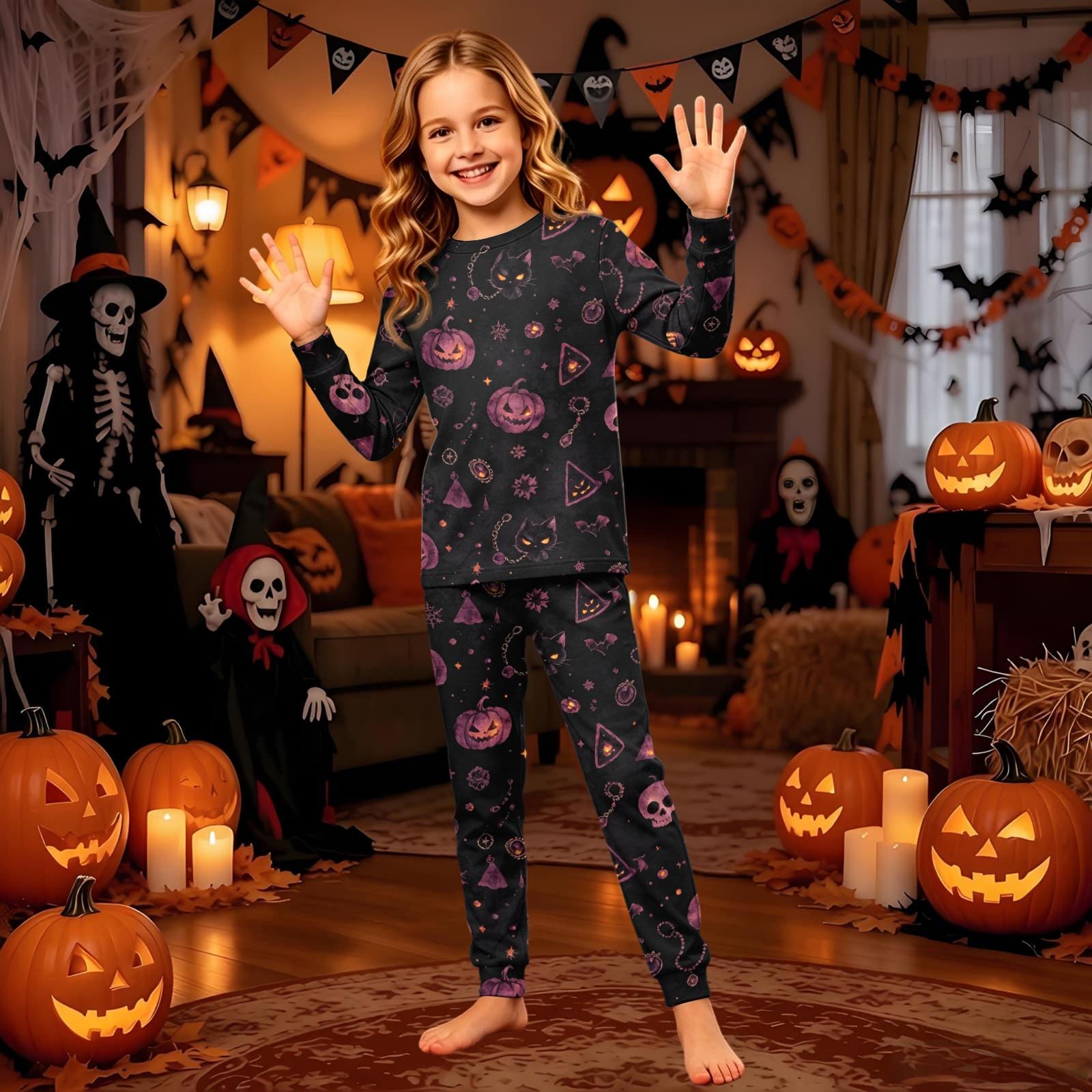 Family Matching Halloween Pajama Set - Black Printed Long Sleeve Neck Pajamas for Women, Men, Kids 2 Years