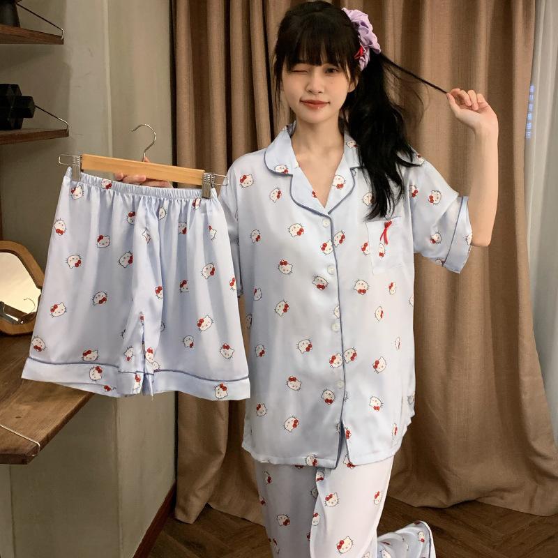 Sweet Princess Wind Bear Print Can Be Worn Outside Short-Sleeved Pajamas Loungewear Three-Piece Set