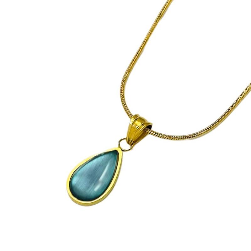 Luxury Gold Stainless Steel Teardrop-shaped Blue and Green Crystal Pendant Necklace Stud Earrings Set for Woman Jewelry