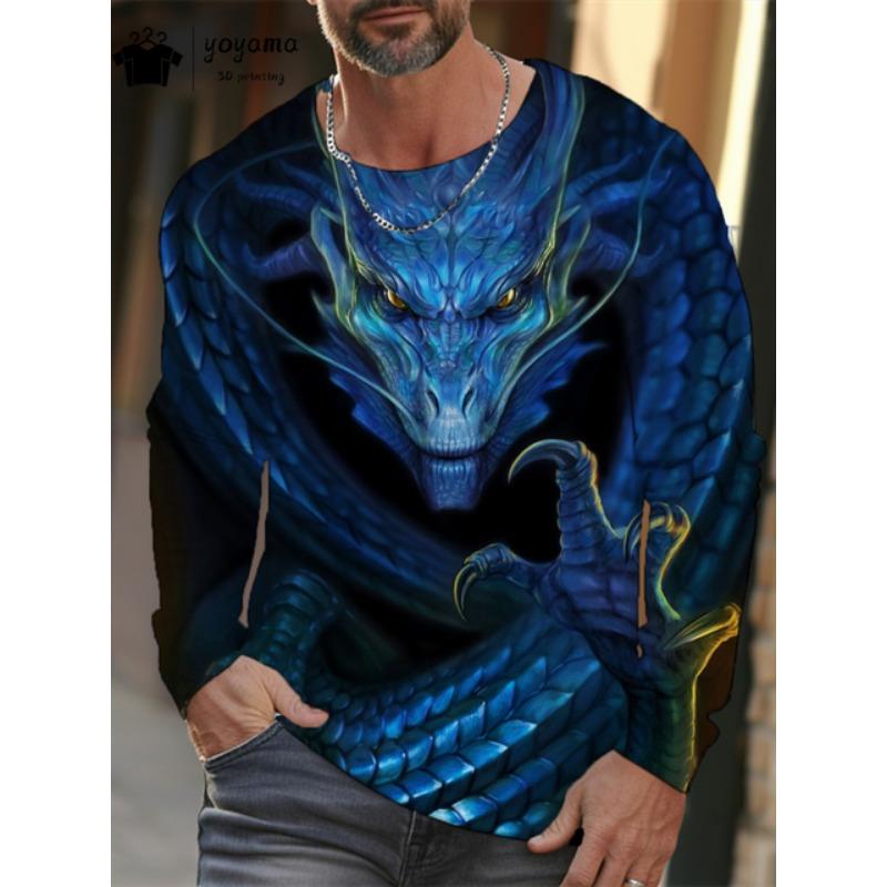 Dragon Print Men's Clothing 3D Print Men's Long Sleeve T shirt Classic Casual Mens Clothing Breathable O-Neck T shirt Men Tops