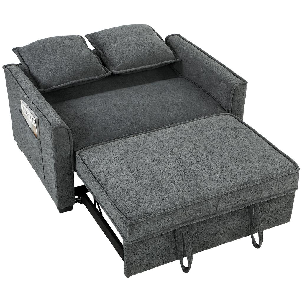 Sofa Bed, 3-in-1, 2-Seater, Adjustable Backrest, Side Pockets, 2 Pillows, Dark Gray