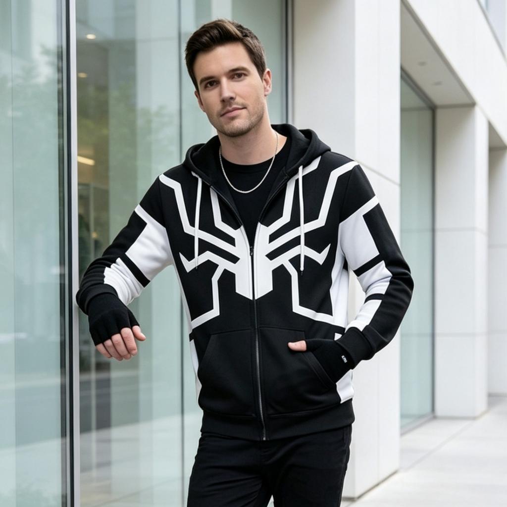 Unisex Casual Loose Fit Long Sleeve Hooded Jacket with Printed Pocket