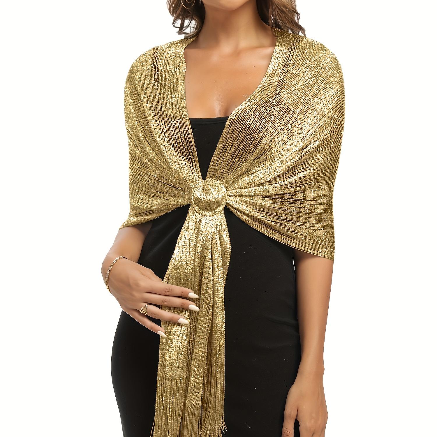 

1PC Elegant Gold and Silver Silk Shawl, Seaside, Beach Play, Tablet Towel, Fringed Scarf, Dinner Party, Dance Party, Wedding, Clothing Accessories золотой