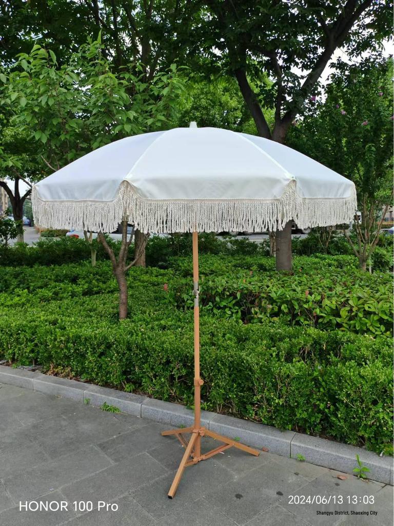 European Style Wooden Pole Sun Umbrella with Tassel Edges for Patio, Beach, Pool, or Terrace