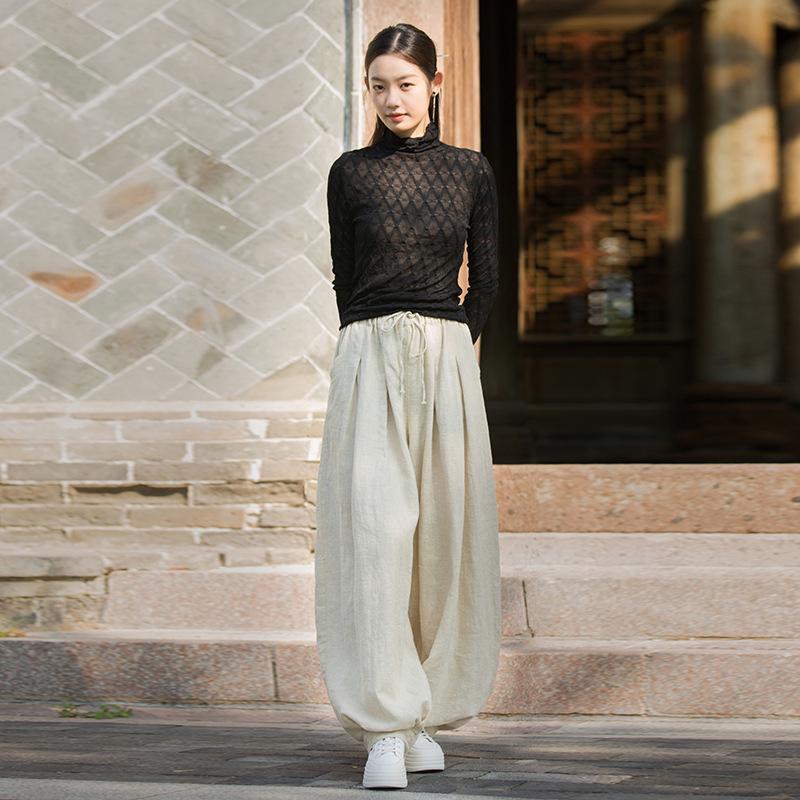 Spodnie damskie typu lampion z bawełny i lnu z elastyczną talią – wiosenno-letnie spodnie casualowe