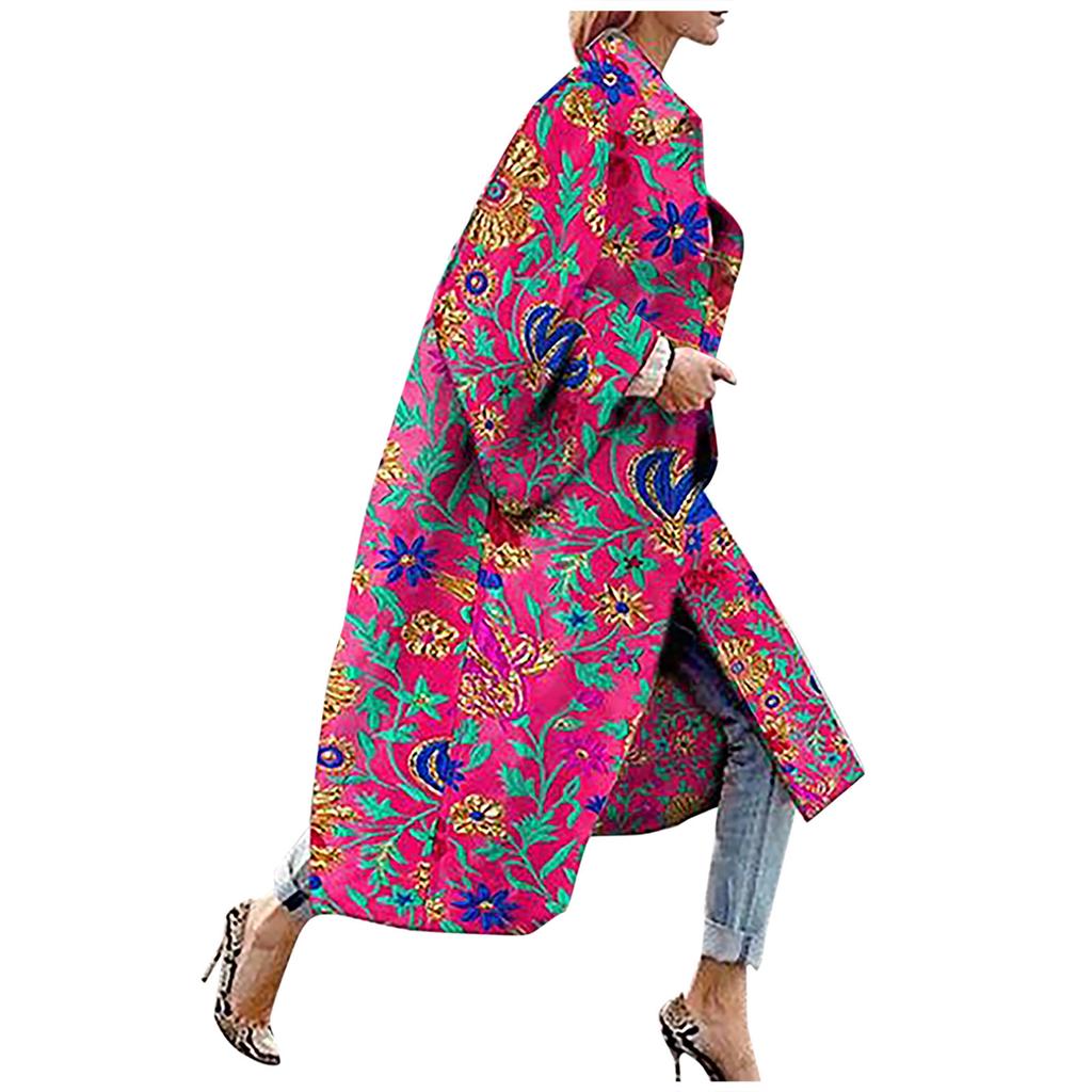Fashion Women Printed Pocket Jacket Outerwear Cardigan Overcoat Long Trench Coat
