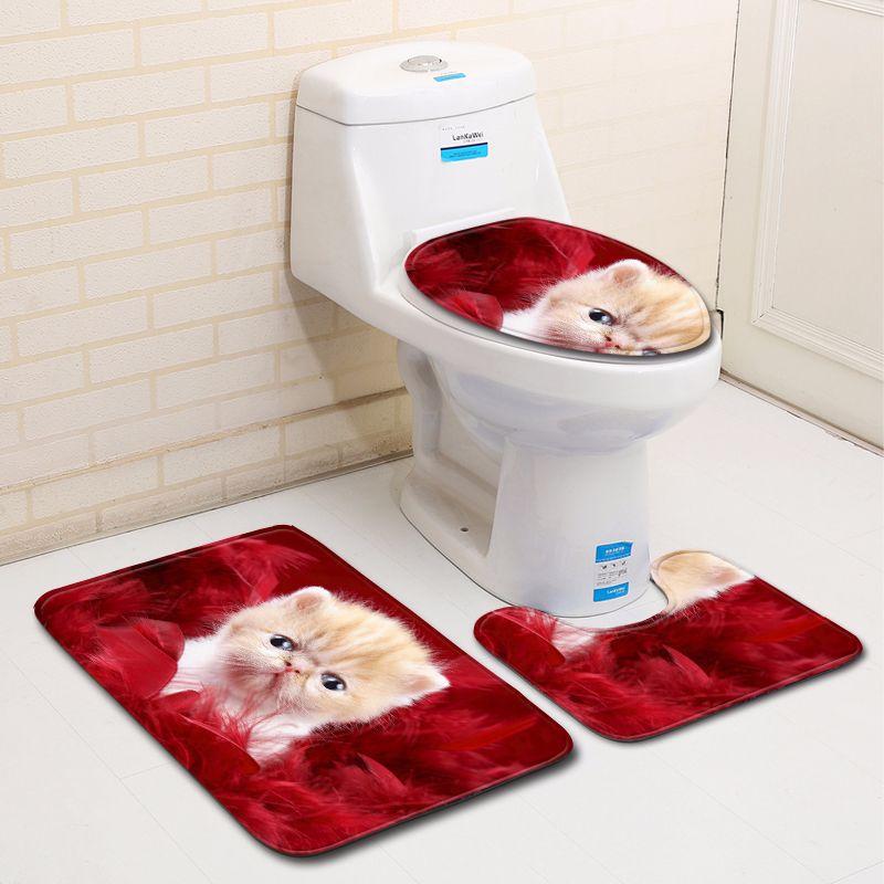 3D Kitten Bathroom Toilet Three-Piece Floor Mat Doormat Bathroom Carpet